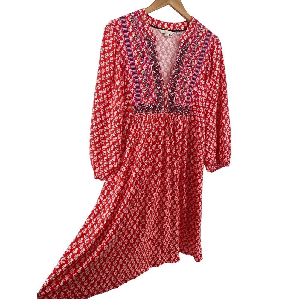 Boden Dress Womens 14 Red Floral Embroidered Artsy Boho Peasant Cottagecore
